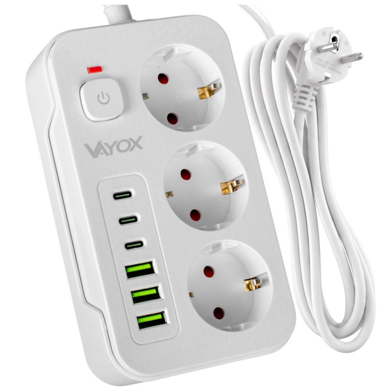 Listwa zasilająca Vayox 3 gniazda 10A 3x USB-A 3x USB-C 2.1A przełącznik 5m biały VA0468W-5 1 szt.