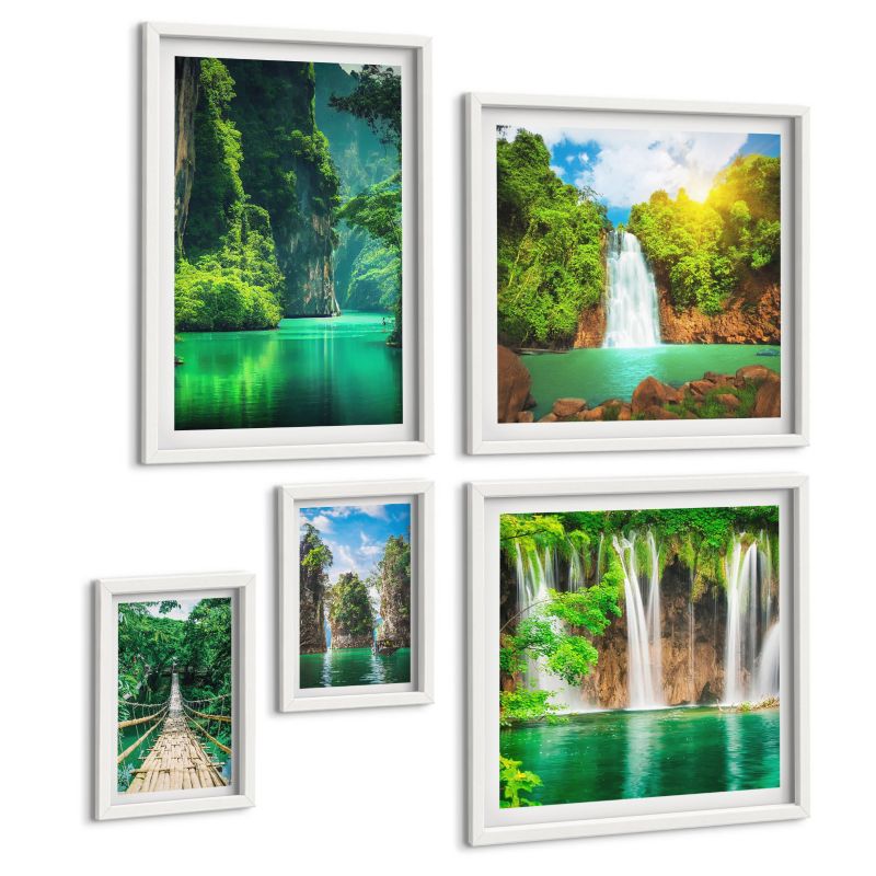 Komplet 5 Obrazów ArtPrintCave (2x50x50+2x20x30+40x60cm) Biała rama Jezioro góry łodzie chata 1 kpl.