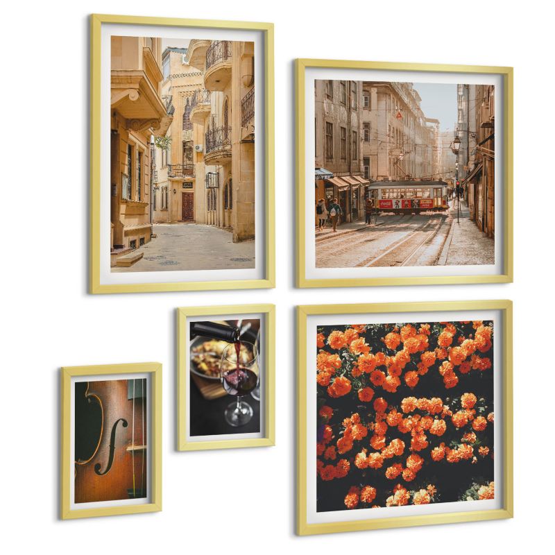Zestaw 5 Obrazów ArtPrintCave (2x50x50+2x20x30+40x60cm) Złota rama Vintage kwiaty ulica wino skrzypce 1 kpl.