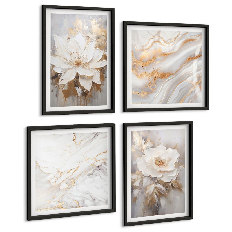 Zestaw Obrazów 4 Częściowy ArtPrintCave (2x50x50+2x40x60cm) Czarna rama Kwiaty abstrakcyjny marmur 1 kpl.