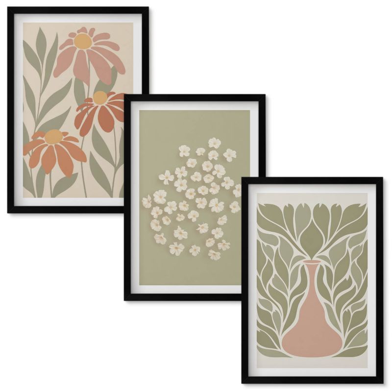 Obrazy Do Sypialni Wallfluent Kwiatowe motywy boho wzory Czarna rama 40x60 cm 3 szt.