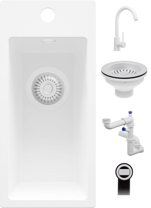 Zlewozmywak Granitowy Ryga PRIMAGRAN Nablatowy 23x50cm do Szafki od 25cm, Cały Biały + Bateria 32x20cm + Syfon, S498, 1 szt.