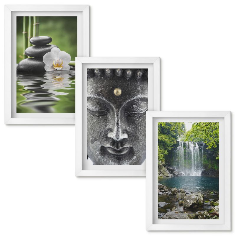 Tryptyk w Ramie Wallfluent Harmonia kamienie woda Budda Biała rama 20x30cm 3 szt.