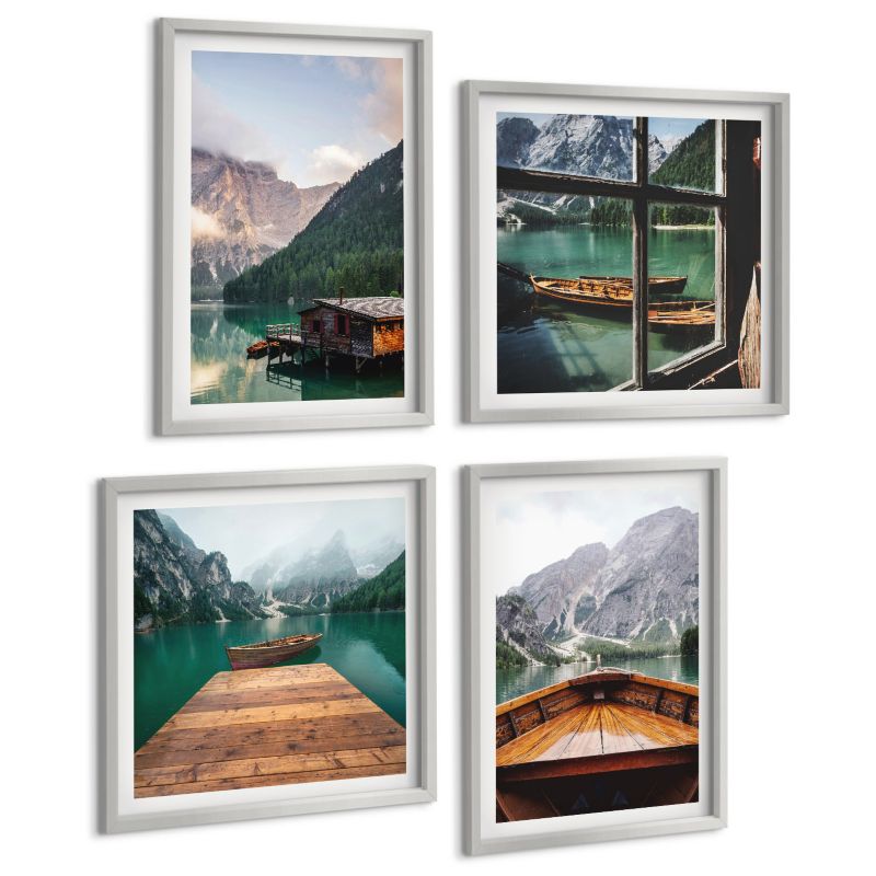 Zestaw 4 Obrazów ArtPrintCave (2x50x50+2x40x60cm) Srebrna rama Górskie pejzaże chata łodzie 1 kpl.