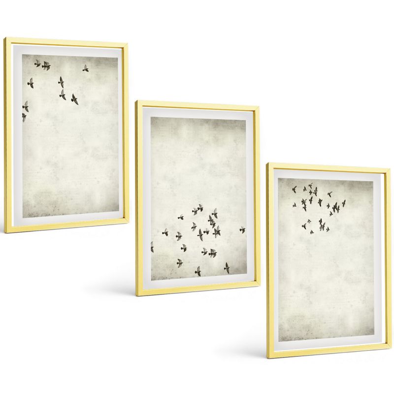 Zestaw 3 Obrazów w Złotej Ramie ArtPrintCave 40x60 cm Galeria Ścienna Minimalistyczny malunek ptaków 1 kpl.