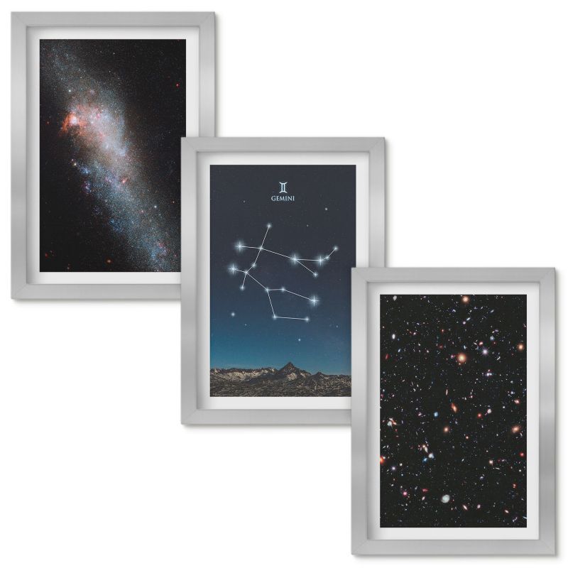 Obrazy Do Sypialni Wallfluent Zodiak Bliźnięta galaktyka Srebrna rama 20x30cm 3 szt.