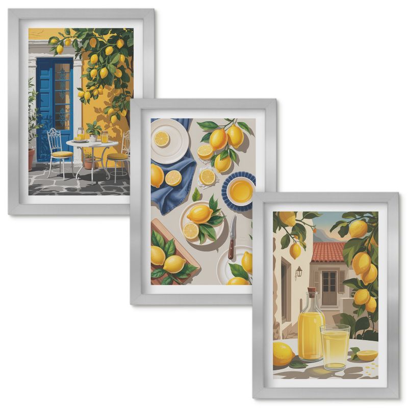 Obraz Ścienny Zestaw Wallfluent Cytrynowy ogród z napojami Srebrna rama 20x30cm 3 szt.
