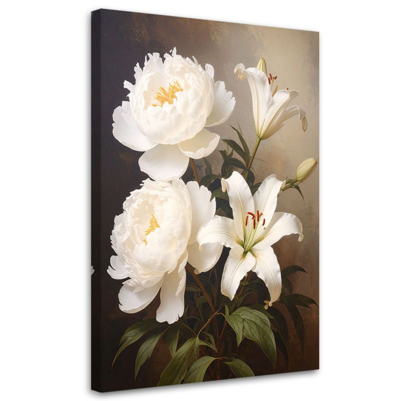 Obraz pionowy do salonu sypialni biura Feeby Lilie i piwonie białe kwiaty 80x120cm 1szt