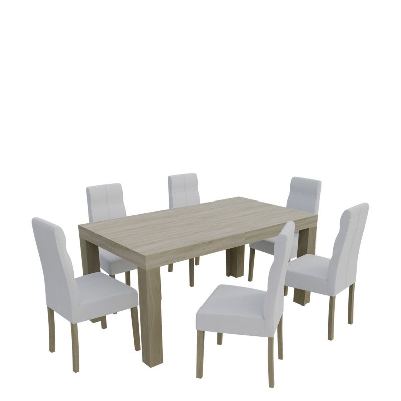 Zestaw RO47 MIRJAN 24 Stół rozkładany SF-25 90x160/210 + 6 krzeseł K63 dąb sonoma + biała ekoskóra 1 kpl.