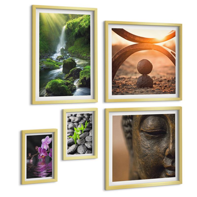 Zestaw 5 Obrazów ArtPrintCave (2x50x50+2x20x30+40x60cm) Złota rama Zimowy krajobraz z zorzą 1 kpl.