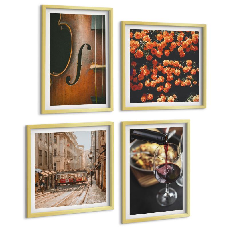 Zestaw 4 Obrazów ArtPrintCave (2x50x50+2x40x60cm) Złota rama Vintage kwiaty ulica wino skrzypce 1 kpl.