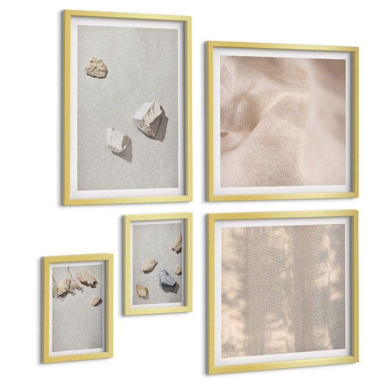 Galeria 5 Obrazów ArtPrintCave (2x50x50+2x20x30+40x60cm) Złota rama Boho kamienie plaża dekoracje 1 kpl.