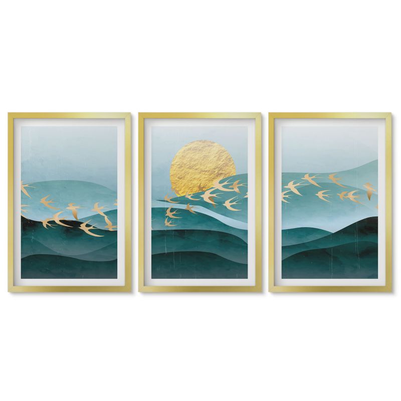 Zestaw 3 obrazów w złotej ramie Tulup 40x60 cm Abstrakcyjne pejzaże słońca Galeria ścienna 1 kpl
