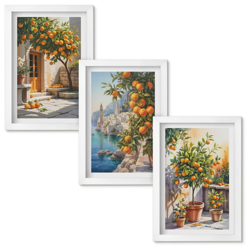 Set Obrazów w Ramie Wallfluent Malowane cytrusy krajobrazy Biała rama 20x30cm 3 szt.