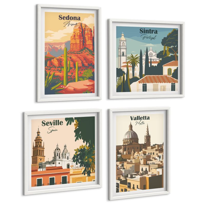 Komplet 4 Obrazów ArtPrintCave (2x50x50+2x40x60cm) Biała rama Widoki miast retro Sedona Sintra 1 kpl.