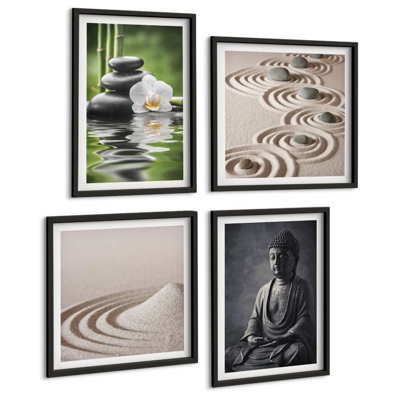 Czteroczęściowy Zestaw Obrazów ArtPrintCave (2x50x50+2x40x60cm) Czarna rama Relaksujący Budda na plaży 1 kpl.