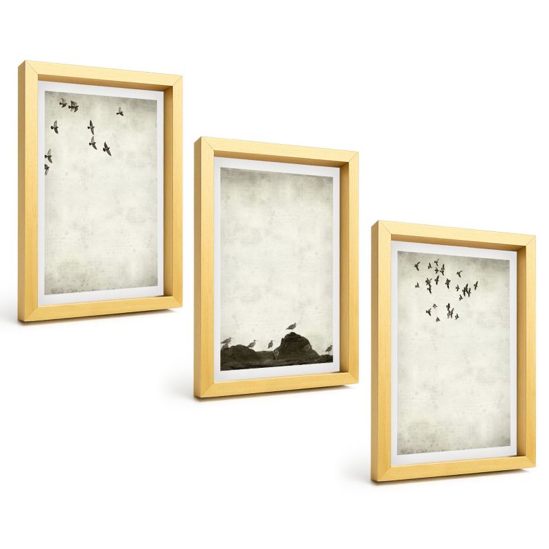 Zestaw Obrazów 3 Częściowy ArtPrintCave Złote Ramki 20x30 cm Dekoracja do Sypialni Lecące ptaki minimalizm 1 kpl.