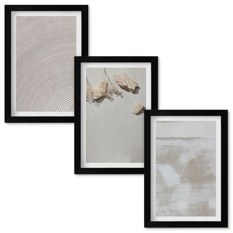 Obrazy do Salonu Wallfluent Piasek kamienie boho tekstura Czarna rama 20x30cm 3 szt.
