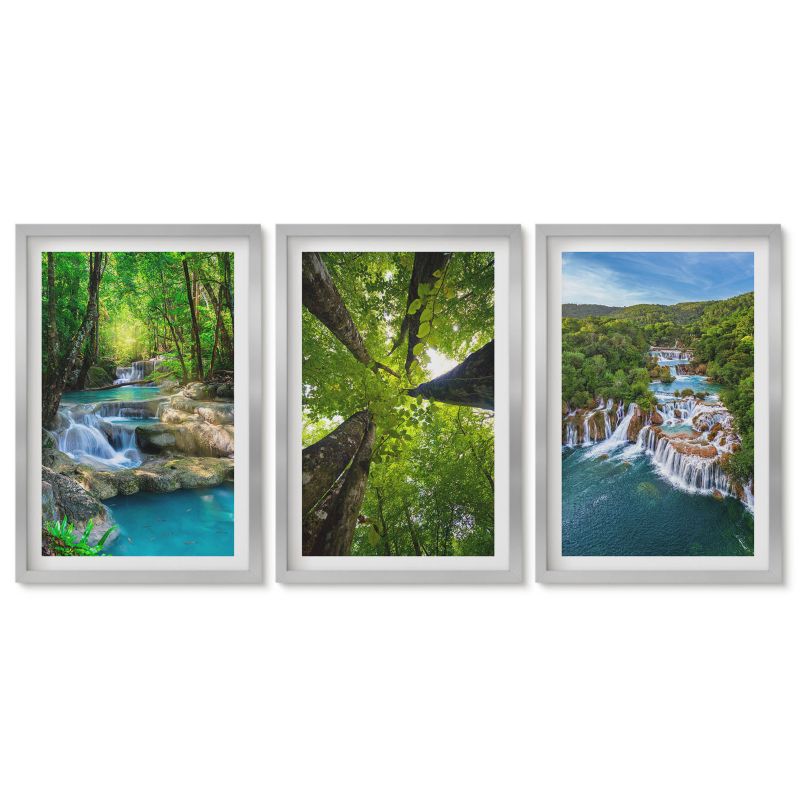 Trzy obrazy w srebrnej ramie zestaw Tulup 40x60 cm Wodospady zielony las woda Stylowa galeria nad biurko 1 kpl