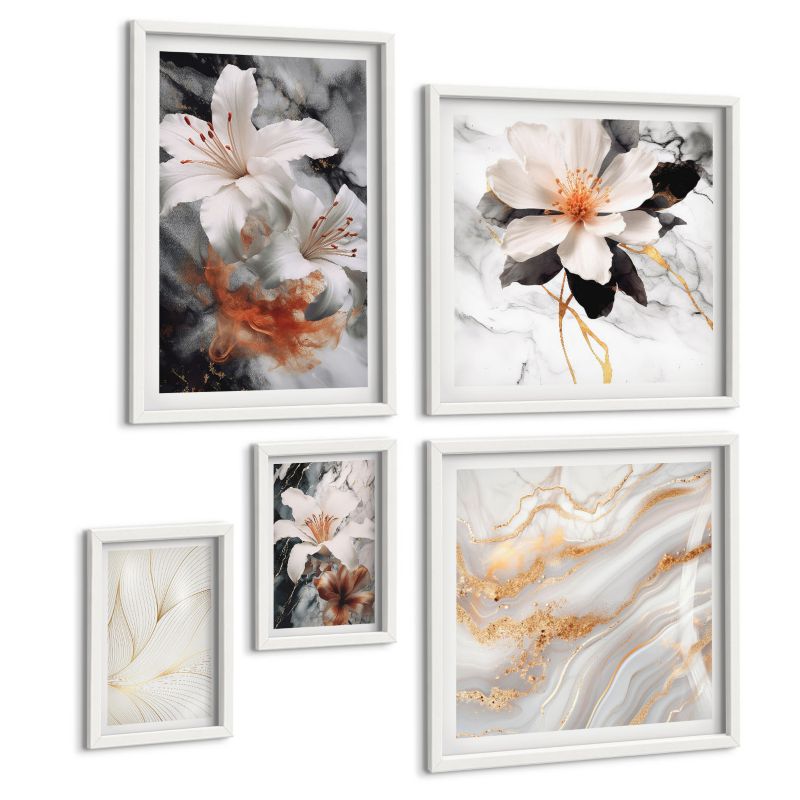Galeria 5 Obrazów ArtPrintCave (2x50x50+2x20x30+40x60cm) Biała rama Kwiaty marmur biel czerń 1 kpl.