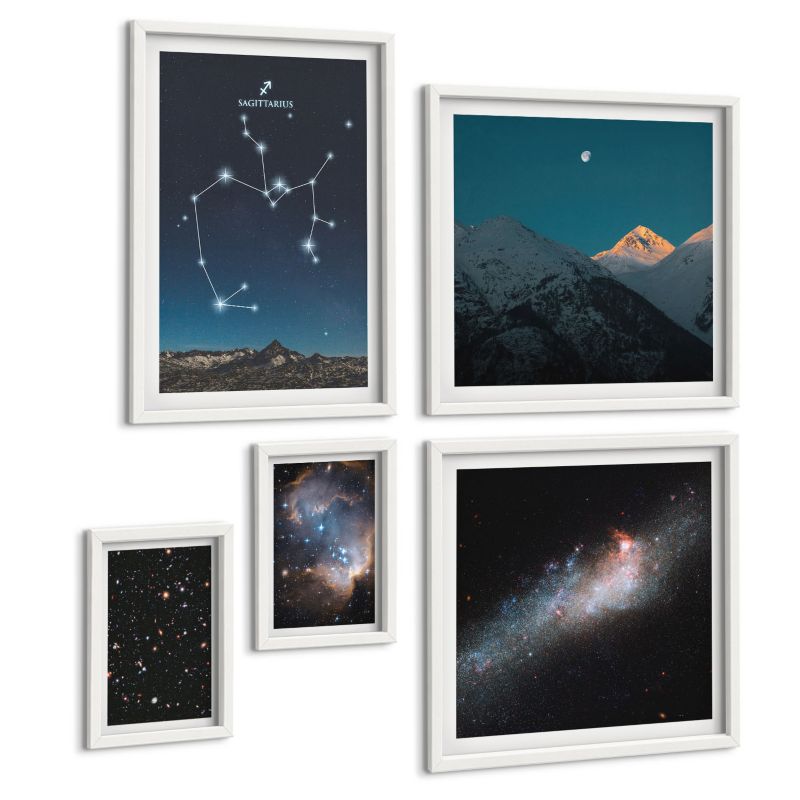 Komplet 5 Obrazów ArtPrintCave (2x50x50+2x20x30+40x60cm) Biała rama Galaktyki konstelacje kosmos Strzelec 1 kpl.