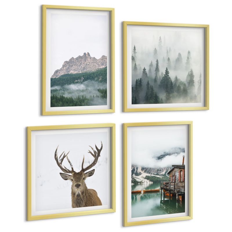 Czteroczęściowy Zestaw Obrazów ArtPrintCave (2x50x50+2x40x60cm) Złota rama Góry jezioro jeleń chata mgła 1 kpl.
