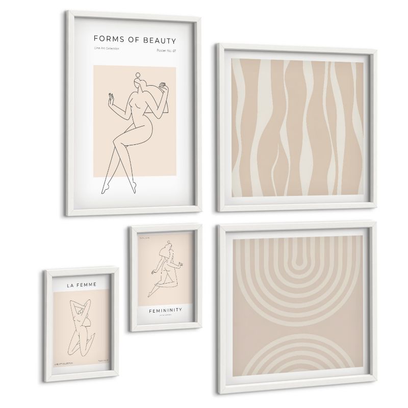 Zestaw 5 Obrazów ArtPrintCave (2x50x50+2x20x30+40x60cm) Biała rama Kolekcja minimalistycznych form 1 kpl.