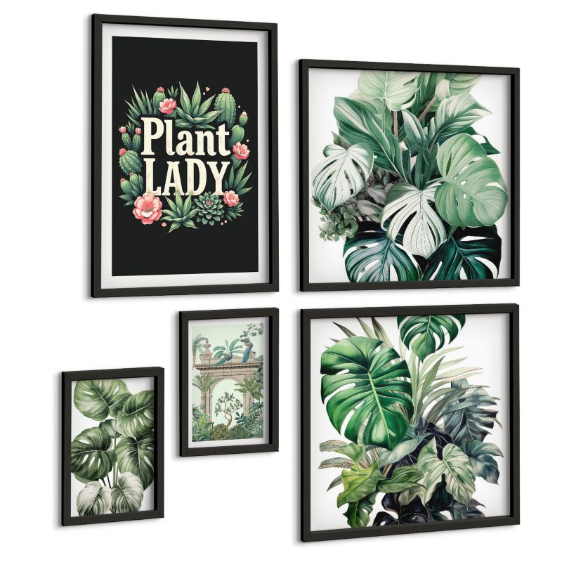 Zestaw Obrazów 5 Częściowy ArtPrintCave (2x50x50+2x20x30+40x60cm) Czarna rama Japońska natura i styl japandi 1 kpl.