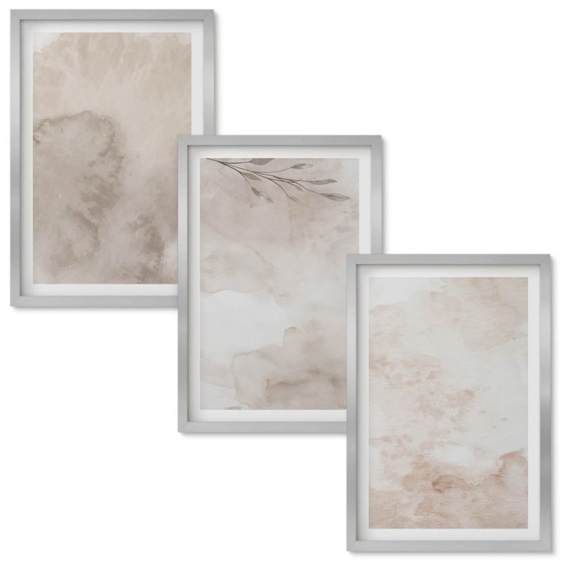 Zestaw obrazów Wallfluent Rozlane akwarelowe farby boho Srebrna rama 40x60 cm 3 szt.