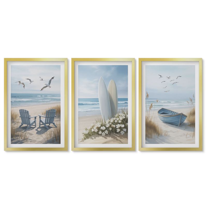 Komplet obrazów złota rama Tulup 40x60 cm Plaża deski surfingowe ptaki Tryptyk 1 kpl