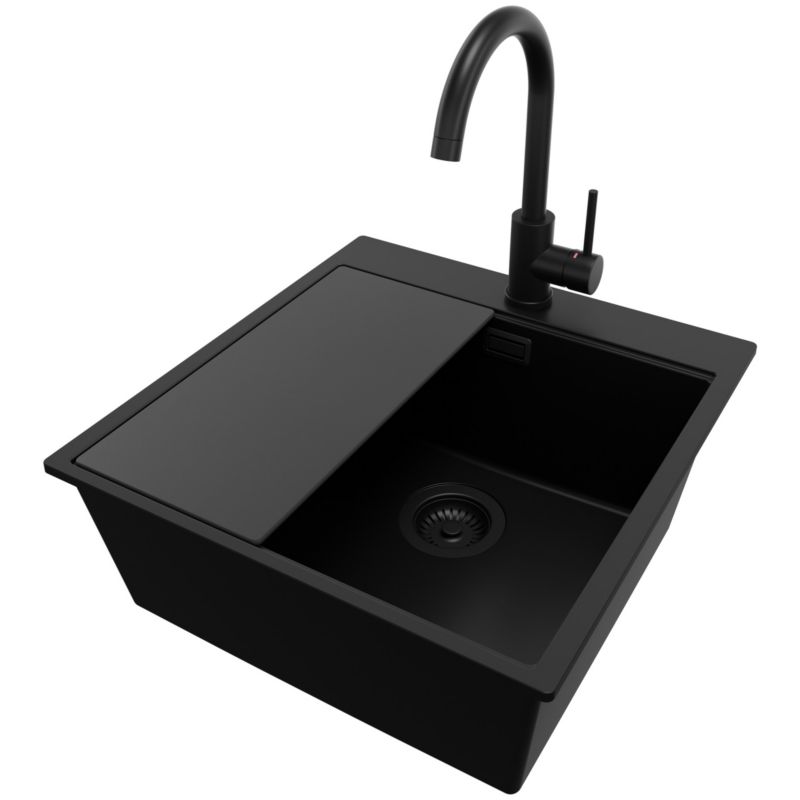 Zlewozmywak Granitowy Oslo Top PRIMAGRAN Nablatowy 48x50cm do Szafki od 50cm, Cały Czarny + Bateria + Syfon + Deska, S328, 1 szt.