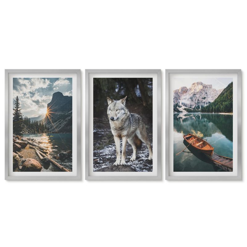 Zestaw 3 obrazów w srebrnej ramie Tulup 40x60 cm Góry jeziora wilk natura Obrazy w srebrnej ramie 1 kpl