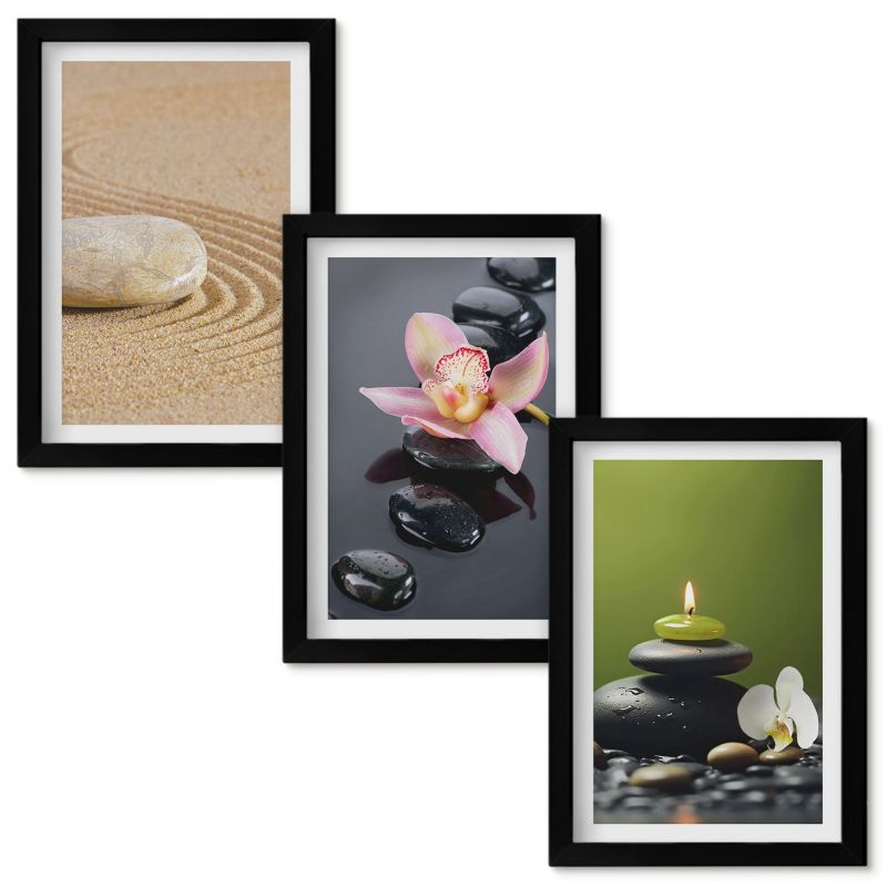 Zestaw Obrazów w Ramie Wallfluent Relaksujące motywy kamieni zen Czarna rama 20x30cm 3 szt.