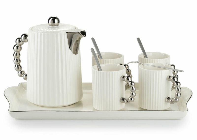Serwis kawowy Luca Silver White ceramiczny 6 elementów kpl.