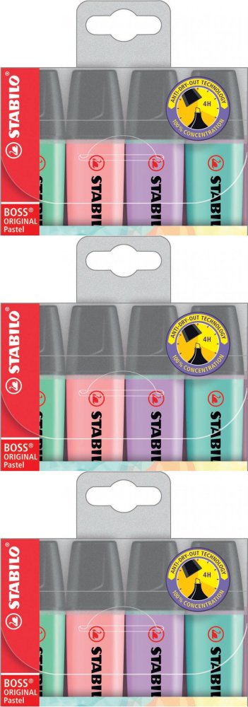 3x Zakreślacz Stabilo, Boss OriginalPastel 70/4-2, ścięta, 4 sztuki, mix kolorów pastelowych