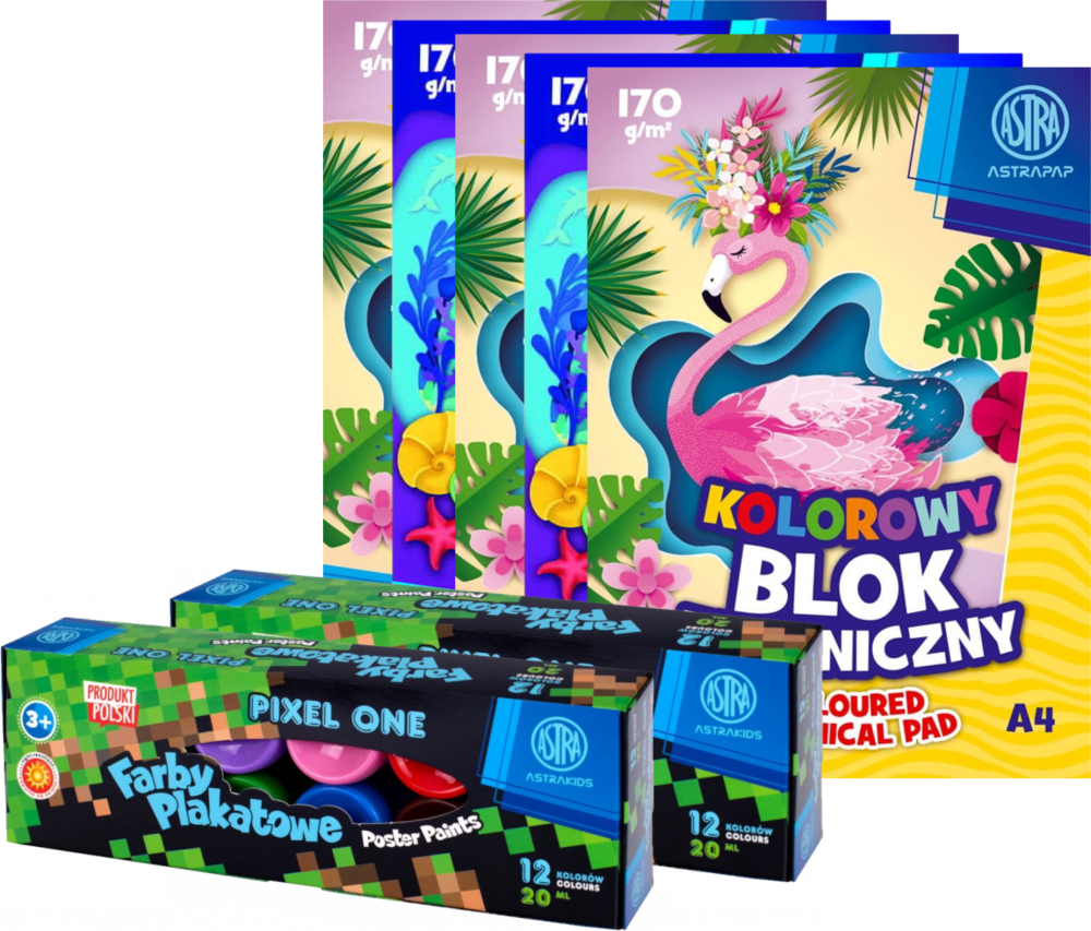 Zestaw: 5x Blok techniczny Astra Astrapap, A4, 10 kartek, kolorowy + 2x Farby plakatowe Astra Astrakids Pixel One, 20ml, 12 sztuk