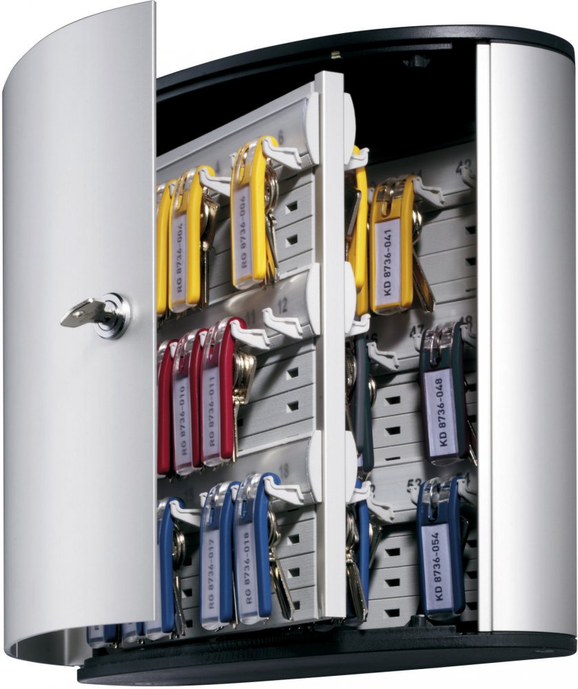 Szafka na klucze Durable Key Box, na 54 kluczy, z zamkiem cylindrycznym i zawieszkami, srebrny