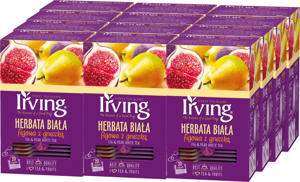 12x Herbata biała smakowa w kopertach Irving, figowa z gruszką, 20 sztuk x 1.5g