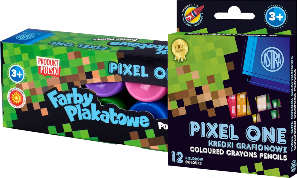 Zestaw: Kredki grafionowe okrągłe Astrakids Pixel One, 12 sztuk, mix kolorów + Farby plakatowe Astra Astrakids Pixel One, 20ml, 12 sztuk, mix kolorów