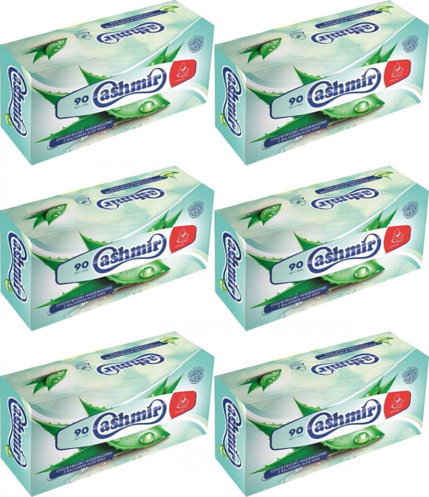 6x Chusteczki higieniczne Cashmir z balsamem Aloe Vera, w kartoniku, 90 sztuk