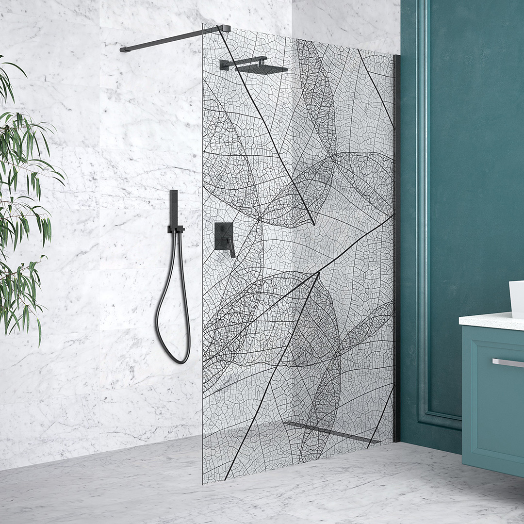 Besco Leafy Walk-In ścianka prysznicowa 100 cm czarny mat/szkło przezroczyste z motywem LF-100-200C