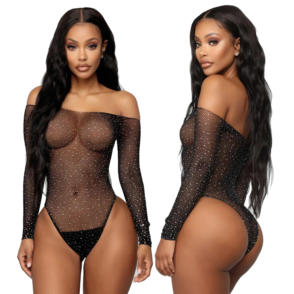 Body erotyczne z rękawkiem sexy cekiny E86