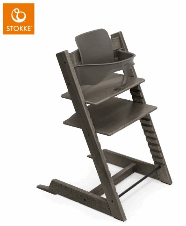 Stokke Tripp Trapp + zestaw Baby Set + tacka - rosnące krzesełko do karmienia z akcesoriami-Hazy Grey-White