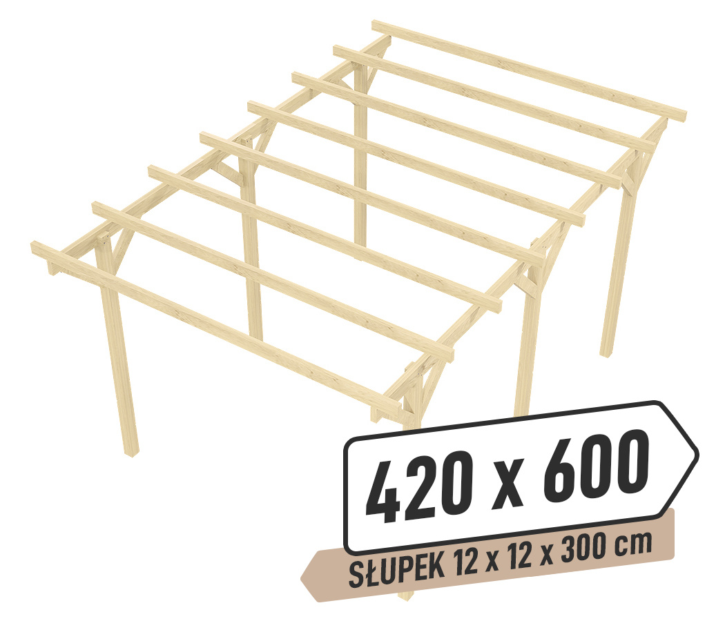 Wiata KVH Sucha Premium - 420 x 600 cm - słupki 12x12x300 cm garażowa wolnostojąca - zastrzał prosty