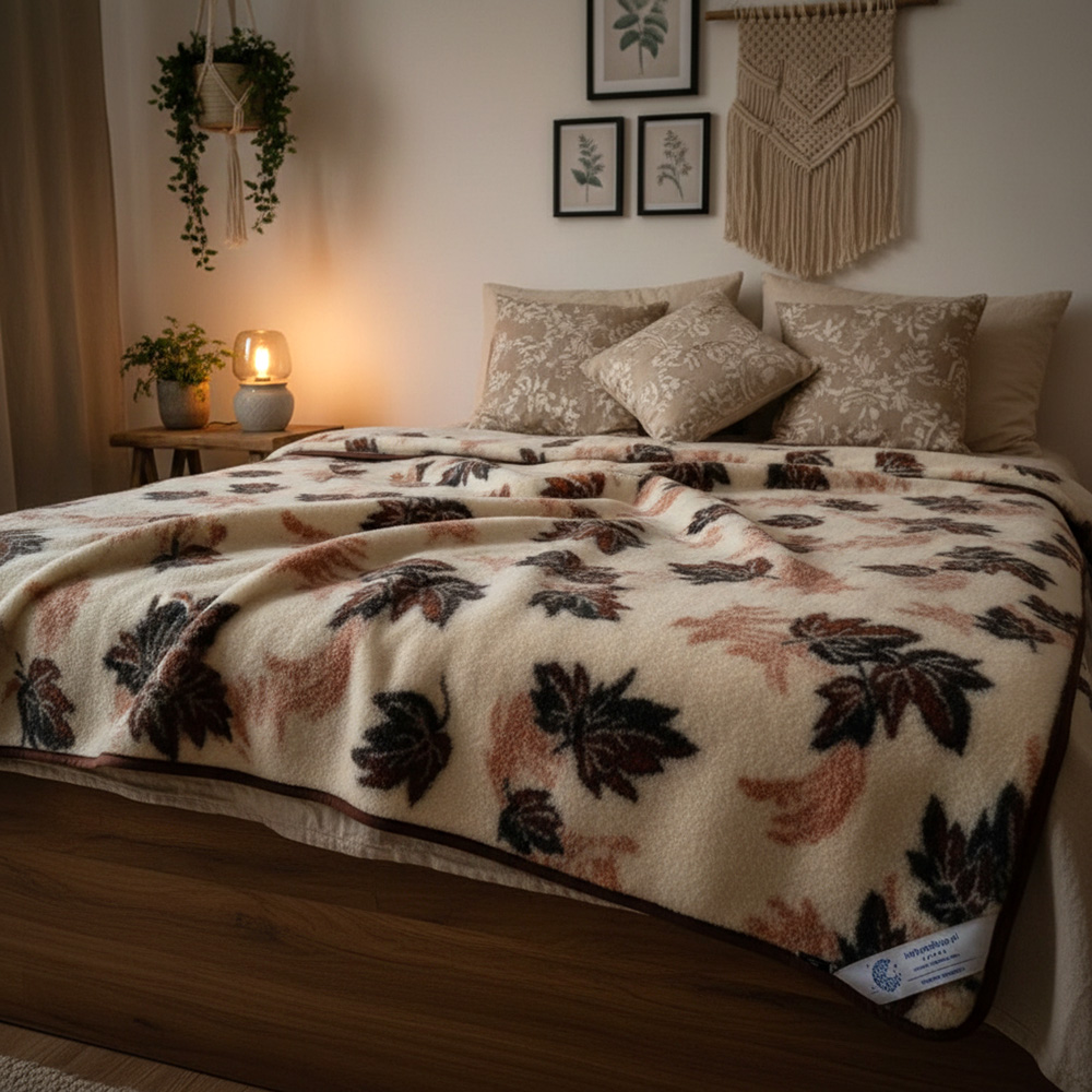 koc wełniany merynos australijski listki Woolmark 100x140