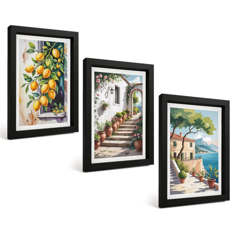 Trzyczęściowy Zestaw Obrazów ArtPrintCave 20x30 cm Czarna rama Cytryny kwiaty widoki morze 1 kpl.