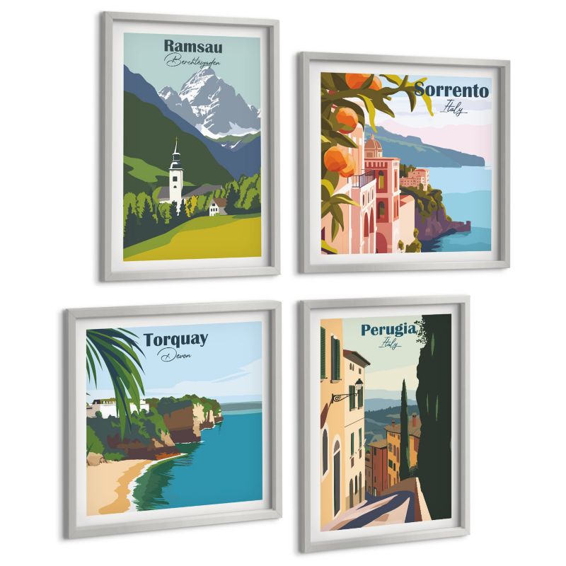 Galeria 4 Obrazów ArtPrintCave (2x50x50+2x40x60cm) Srebrna rama Górskie pejzaże i miasta 1 kpl.