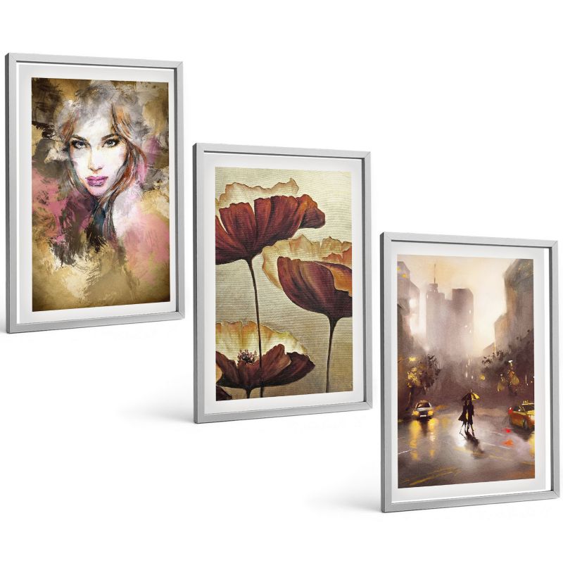 Komplet 3 Obrazów w Srebrnej Ramie ArtPrintCave 40x60 cm Grafika Ścienna Abstrakcyjny portret kobiety kwiaty deszcz 1 kpl.