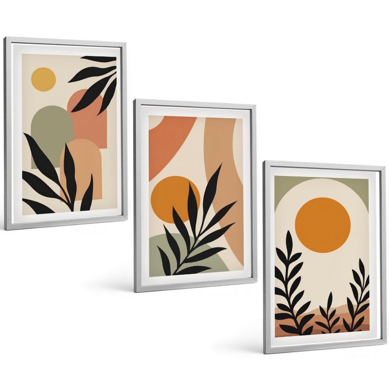Zestaw Obrazów 3 Częściowy ArtPrintCave Srebrne Ramki 40x60 cm Dekoracja do Sypialni Abstrakcyjne roślinne kształty 1 kpl.