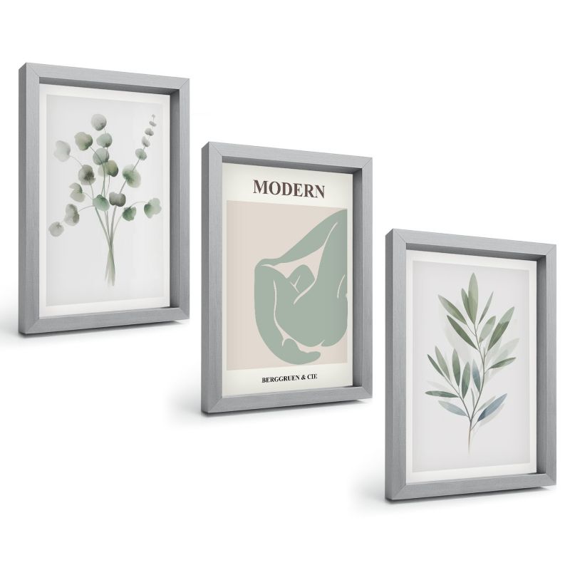 Zestaw Obrazów 3 Częściowy ArtPrintCave Srebrne Ramki 20x30 cm Dekoracja do Sypialni Roślinne motywy w zieleni 1 kpl.